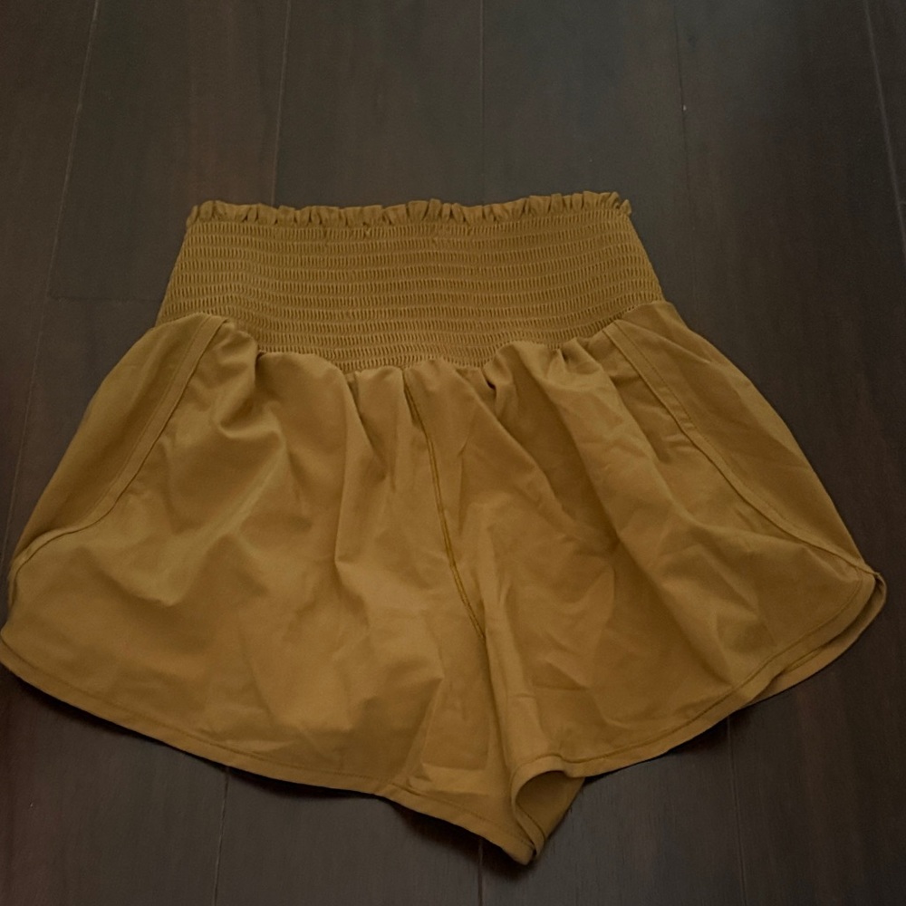 High-Waist Smocked Waistband Women's Shorts in Mustard